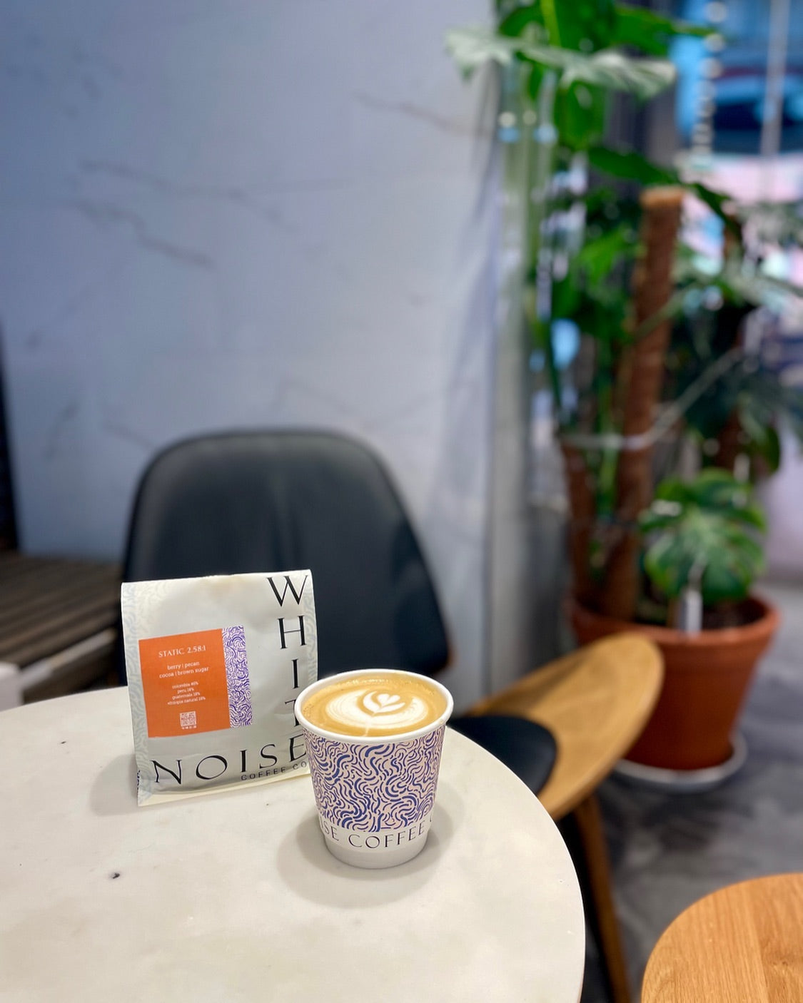 White Noise Coffee Package and Coffee cup