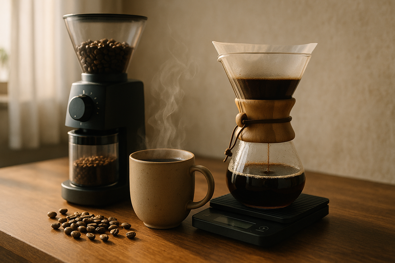 Coffee grinder, Chemex, mug, coffee beans, steam.