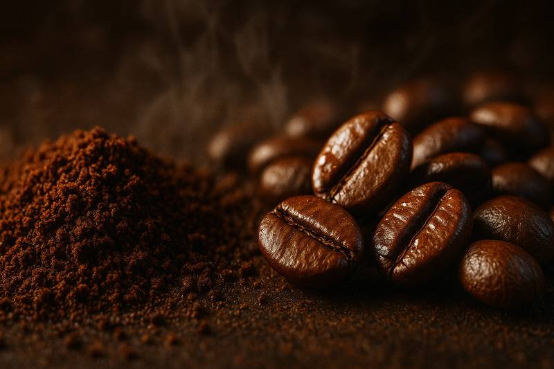 Coffee beans and ground coffee on a dark surface