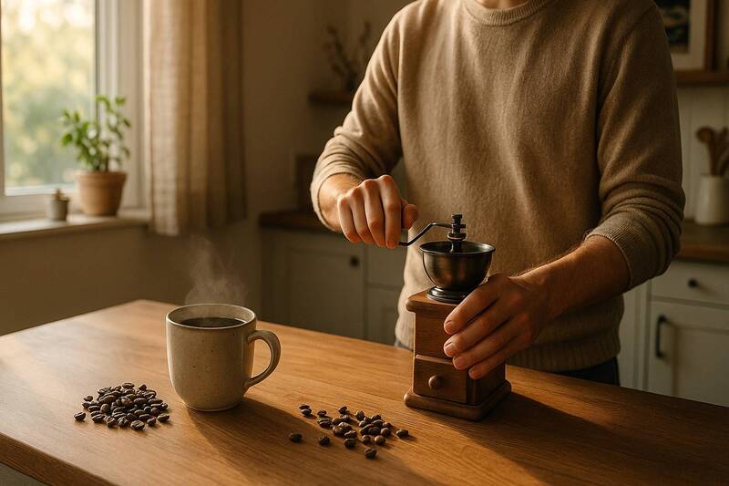 Person grinding coffee next to a steaming mug
