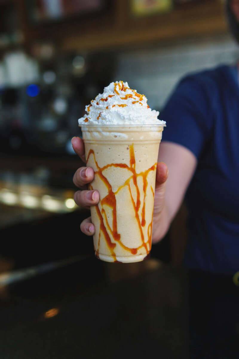 caramel drizzle frappé with whipped cream and caramel sauce