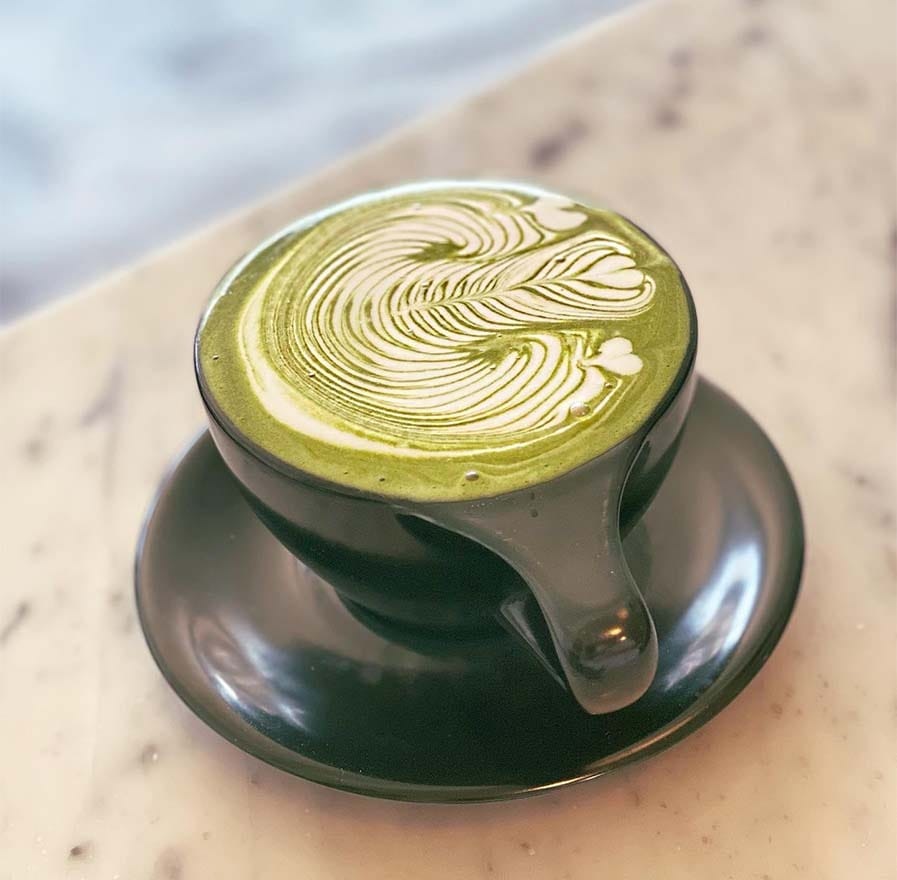 Matcha latte served at White Noise Coffee in New York