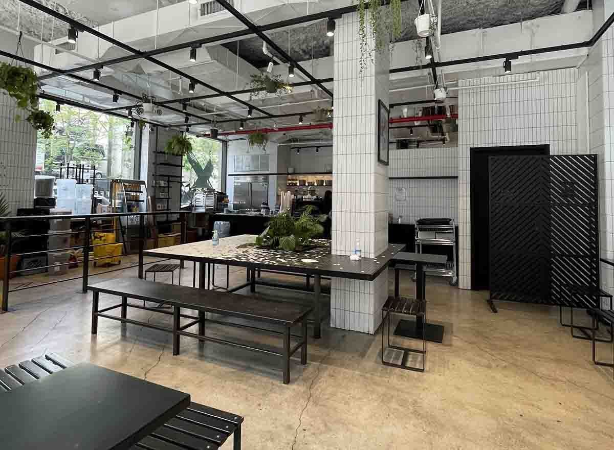 White Noise Coffee interior in Downtown Brooklyn with communal seating
